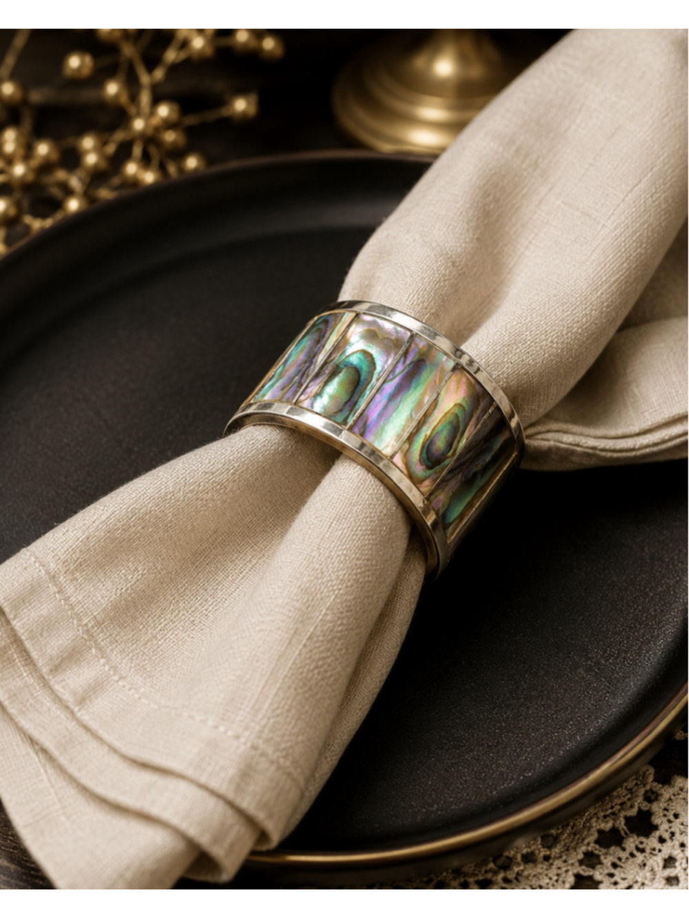 Vintage Abalone Shell Inlay Napkin Ring Iridescent Mother of Pearl Boho
